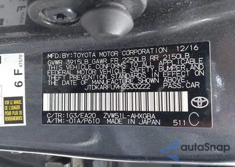 2017 Toyota Prius Four from USA, damaged, VIN JTDKARFU9H3533222